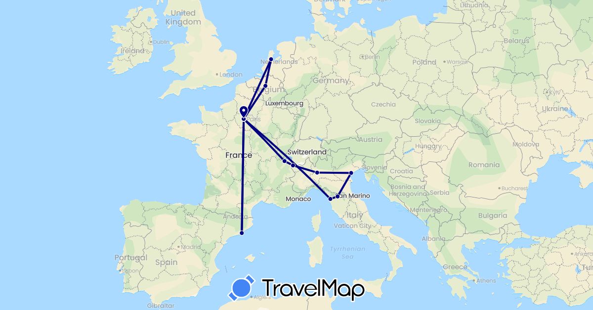 TravelMap itinerary: driving in Belgium, Switzerland, Spain, France, Italy, Netherlands (Europe)